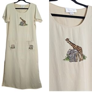 Vintage U.S.A. Maxi Dress with Embroidered Giraffe Elephants Repurpose Size S/M